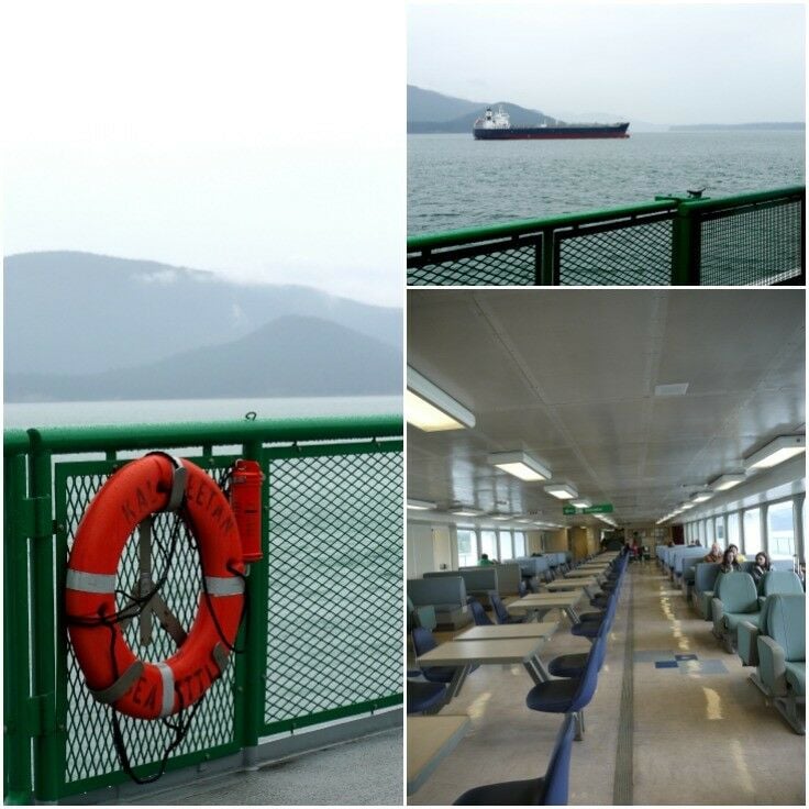 Collage: Washington State Ferry to Orcas Island. Orange life-bouy hanging on green deck fence; another ferry far off, hazy in the fog; interior of the ferry seating area. 
