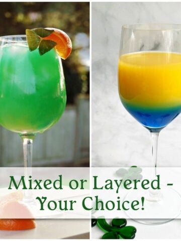 Emerald Sunrise cocktail collage showing a mixed green version on the left and a layered tequila sunrise variation on the right for St. Patrick's Day.