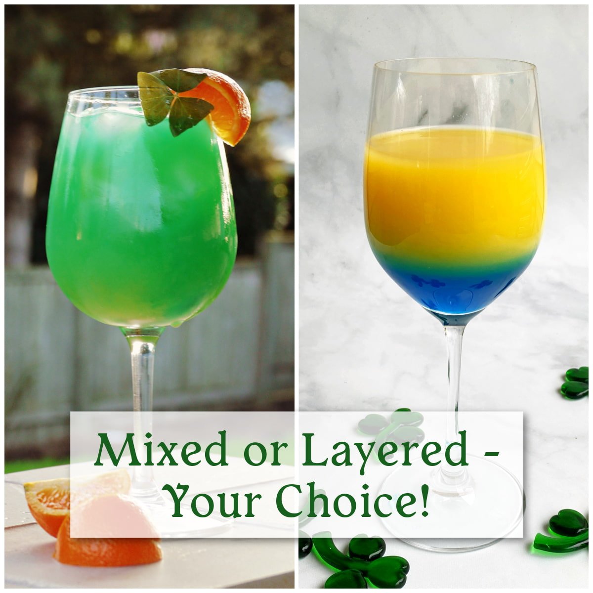 Emerald Sunrise cocktail collage showing a mixed green version on the left and a layered tequila sunrise variation on the right for St. Patrick’s Day.