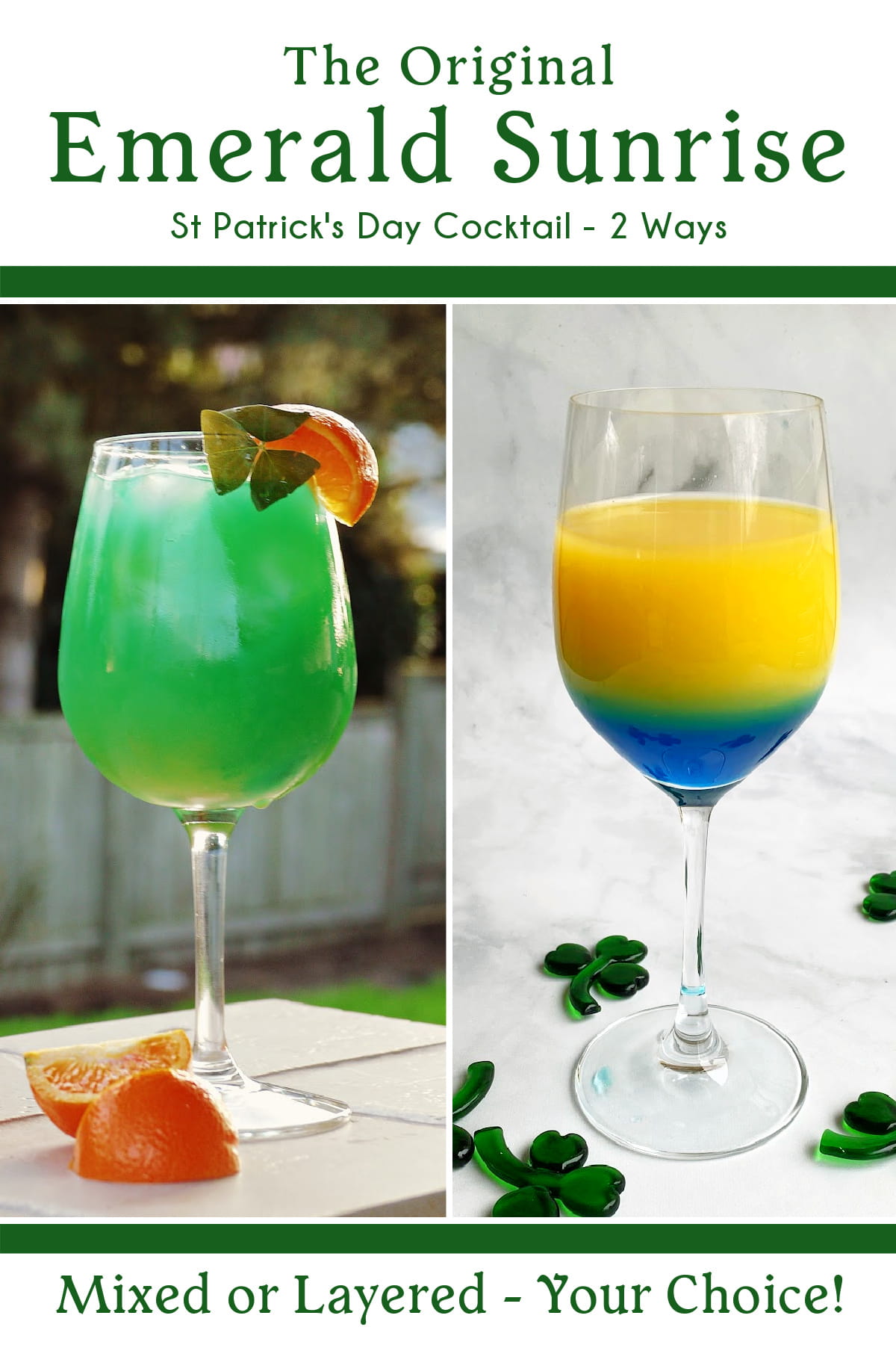 Emerald Sunrise cocktail collage showing a mixed green version on the left and a layered tequila sunrise variation on the right for St. Patrick's Day, plus pin text overlay.