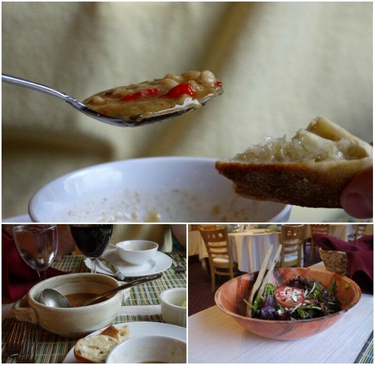 Collage: Soup spoon full of lentil soup; small soup taurine with silver ladle; wooden salad bowl with green salad.  