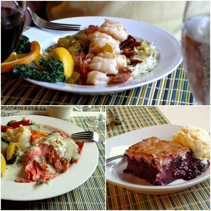 Collage: Sautéed tiger prawns plated with mango chutney over basmati rice on white plate; baked salmon; square of marionberry cobbler. 