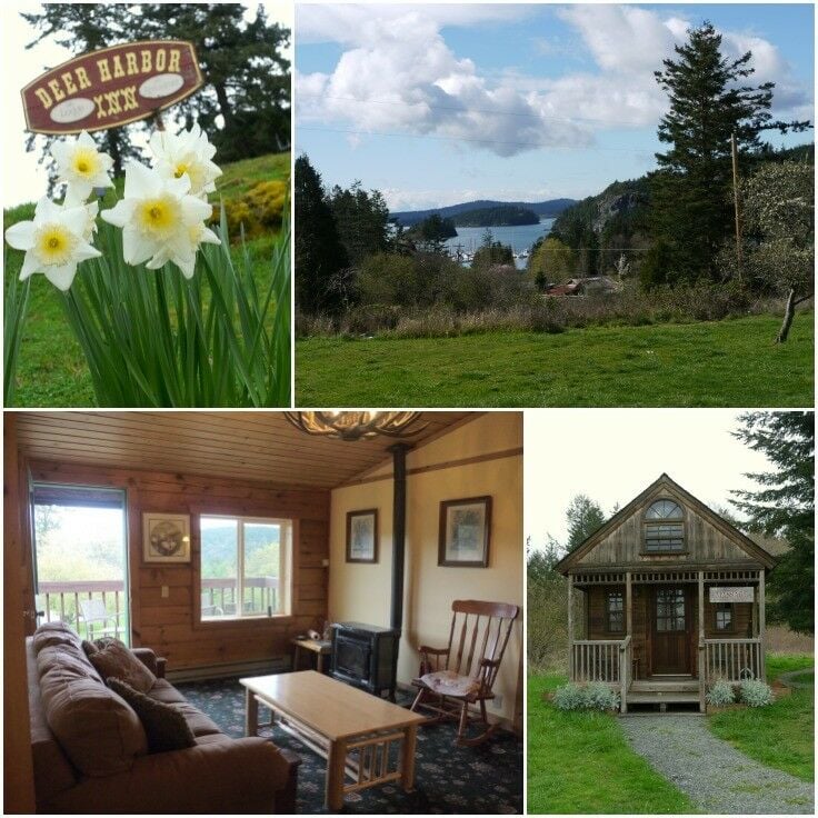 Collage: Daffodils growing by Deer Harbor Inn sign; view of the Puget Sound from the Inn; Interior common room with large couch, wooden coffee table, and rocking chair. 
