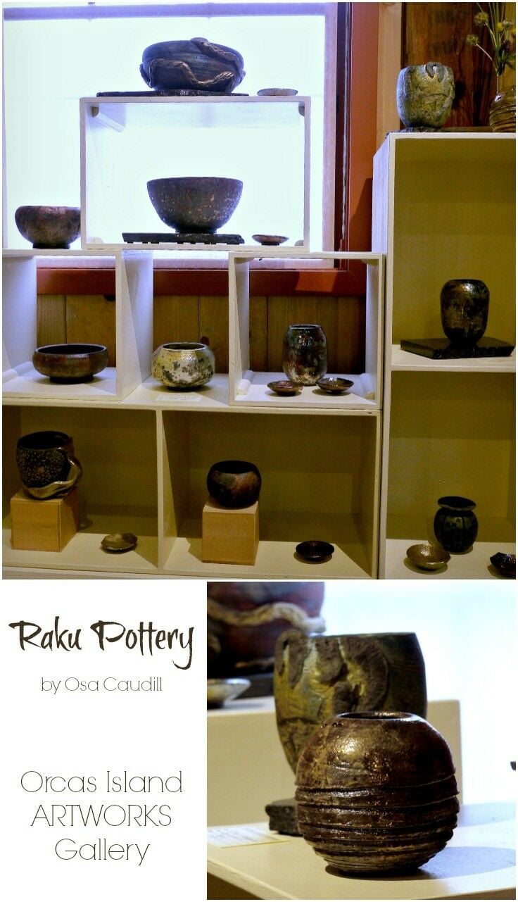 A variety of raku pottery by Osa Caudill at the Orcas Island Artworks. 