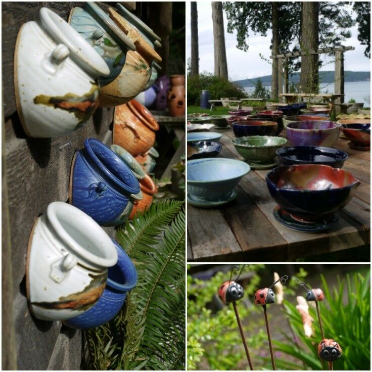 Collage: Clay half-pots with angled bottoms, mounted on exterior wooden wall; clay berry bowls displayed on wodden table, clay ladybug plant picks in green garden. 