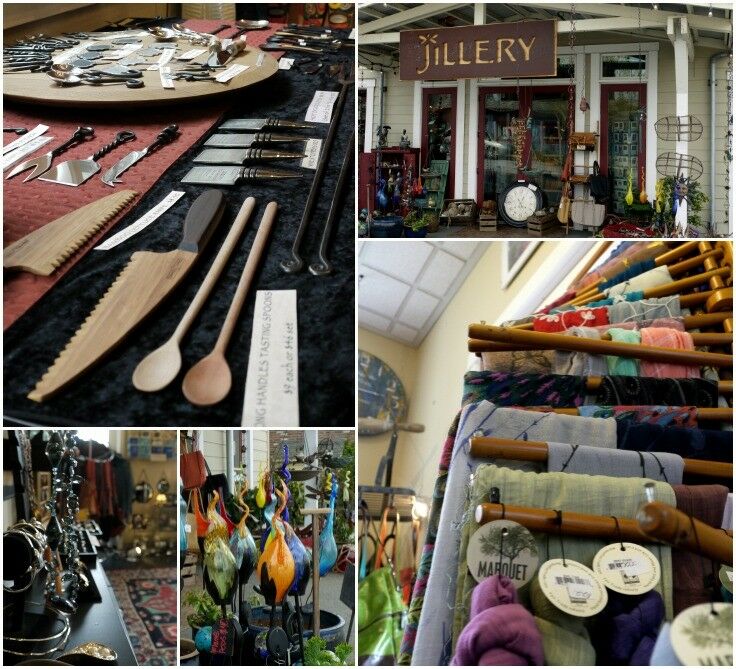Collage of Jillery, Eastsound: Hand-carved table utensils; silk scarves on wooden rack with tags; 