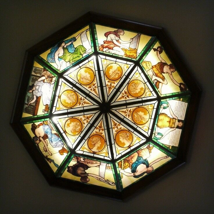 Stained glass octagonal sky light in Moran Mansion Museum Music Room. 