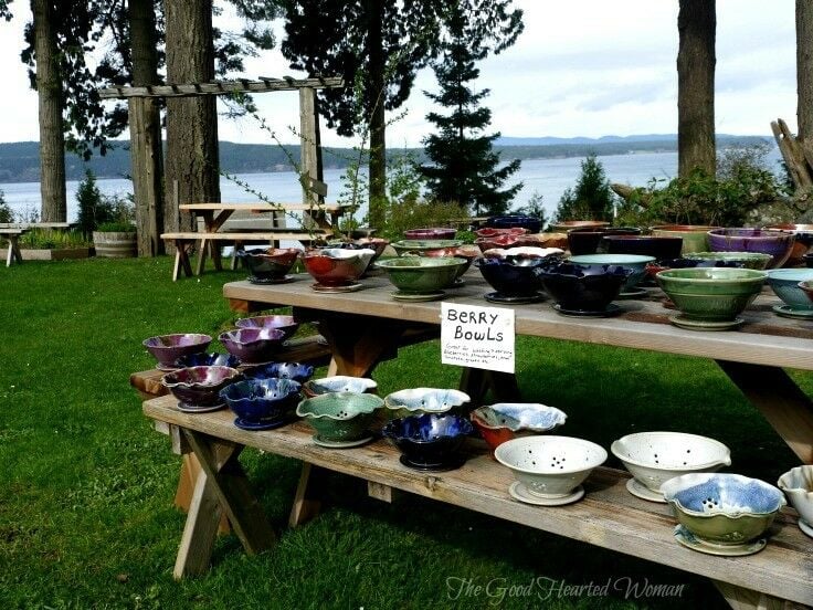 Many clay berry bowls displayed outside on wooden picnic table. 