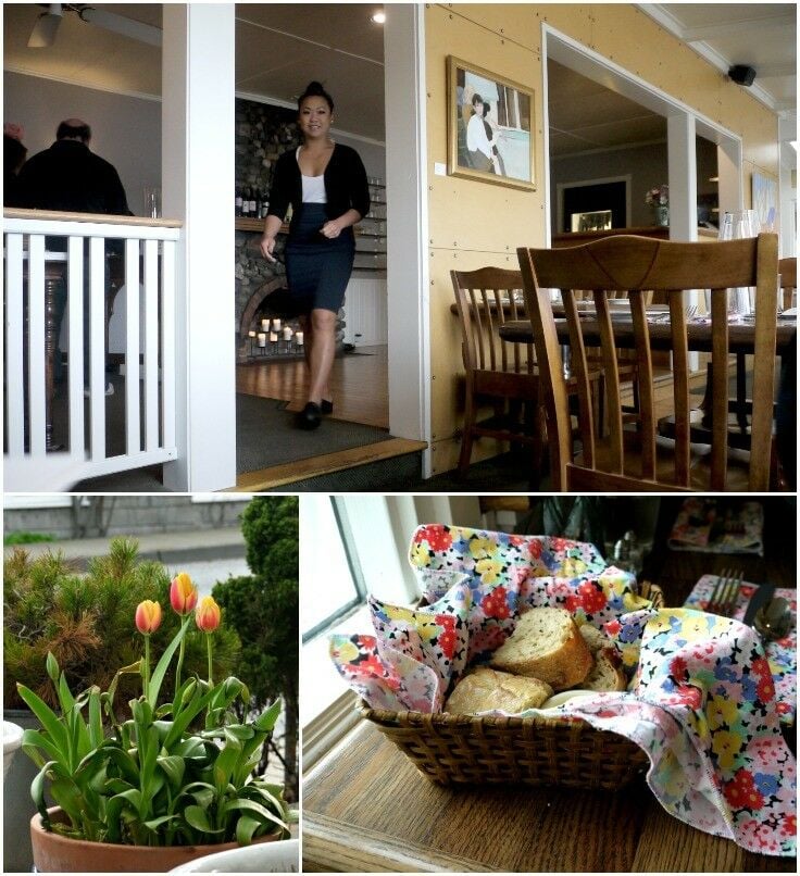 Collage: Server approaching our table, dressed semi-formally in a black skirt and bolero jacket; pink and yellow tulips in a pot outside; bread basket lined with a bright flowered cloth napkin, holding sliced pieces of buttered bread. 