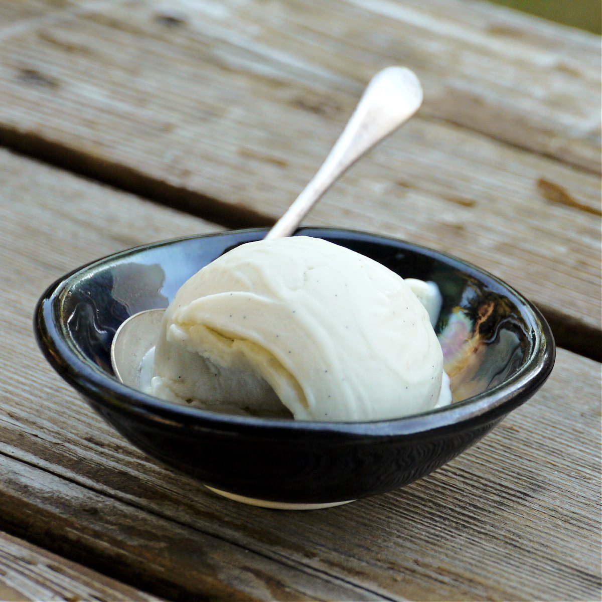 Single scoop of vanilla ice cream in a small ceramic serving bowl. 