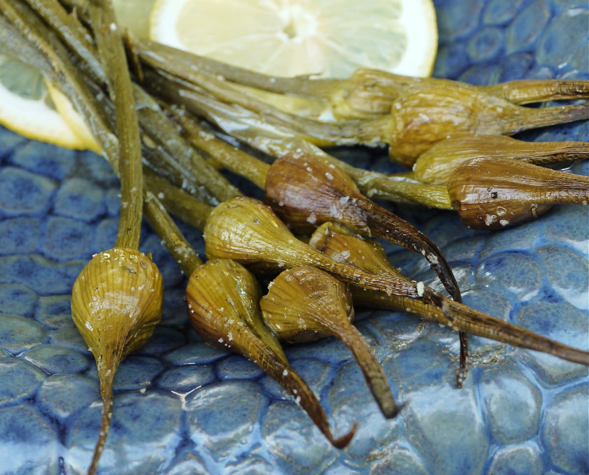 Close-up of roasted garlic spears on a highly textured plate, with lemon slices.