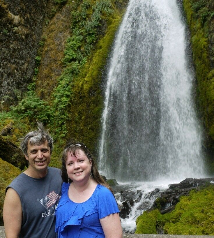 Rick and me posing in front of Wahkeena Falls.