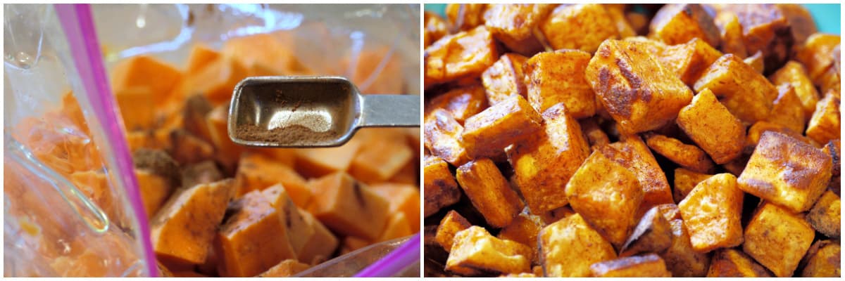 2-panel collage: dressing sweet potatoes before roasting; roasted sweet potato cubes.