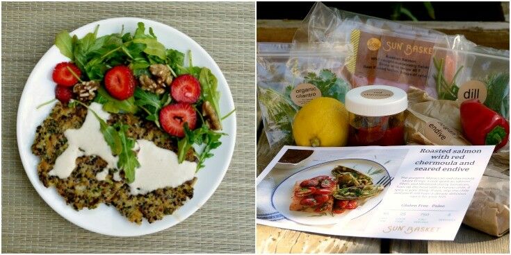 2-panel collage: Quinoa fritters, and recipe card and ingredients for roasted salmon. 