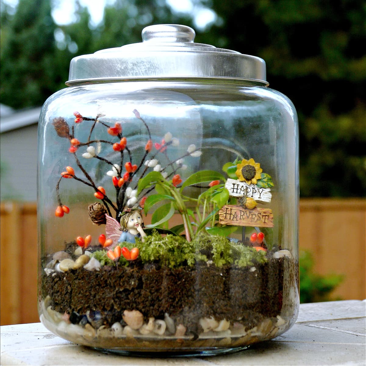 Large glass jar filled with plants, soil, and small fairy figurine.