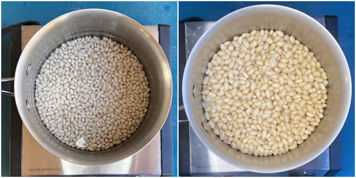 Collage: Beans before and after soaking.