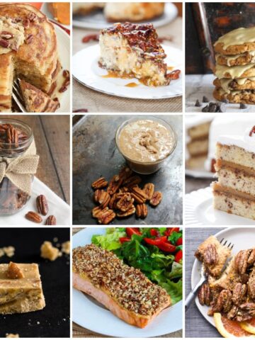 9-panel collage of images from multiple pecan recipes.