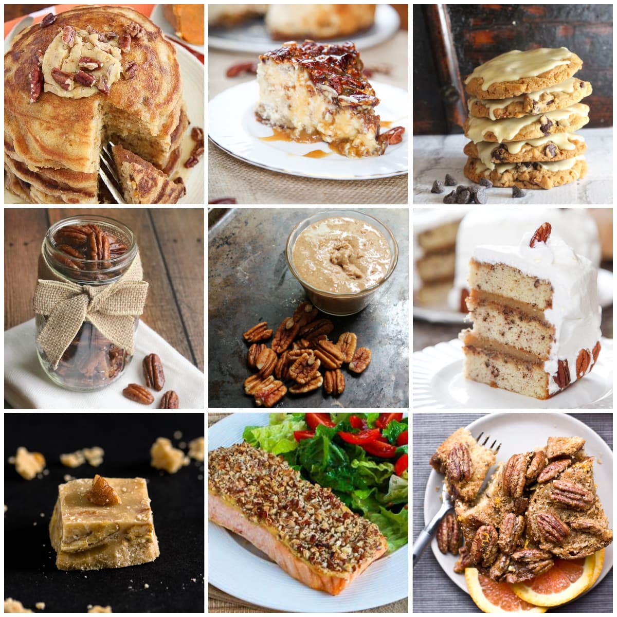 9-panel collage of images from multiple pecan recipes.