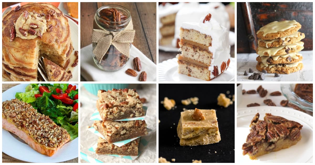 8-panel collage of images from multiple pecan recipes.