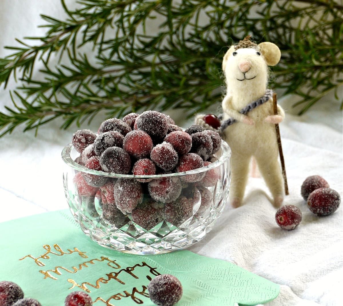 Small bowl of cranberries, with a felt mouse standing to the side of it.