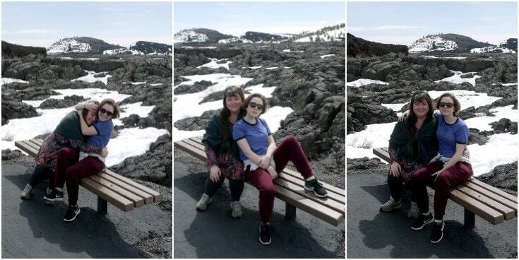 3-panel collage of me and my daughter on a wooden bench. 