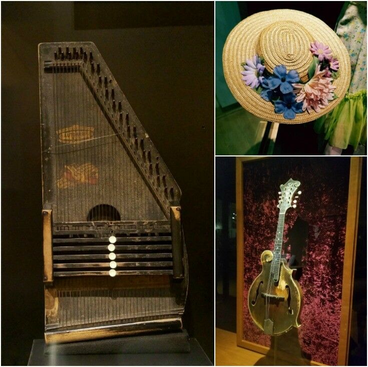 Collage - Sara Carter's 7-chord Autoharp, Minnie Pearl's hat, and Bill Monroe's mandolin. 