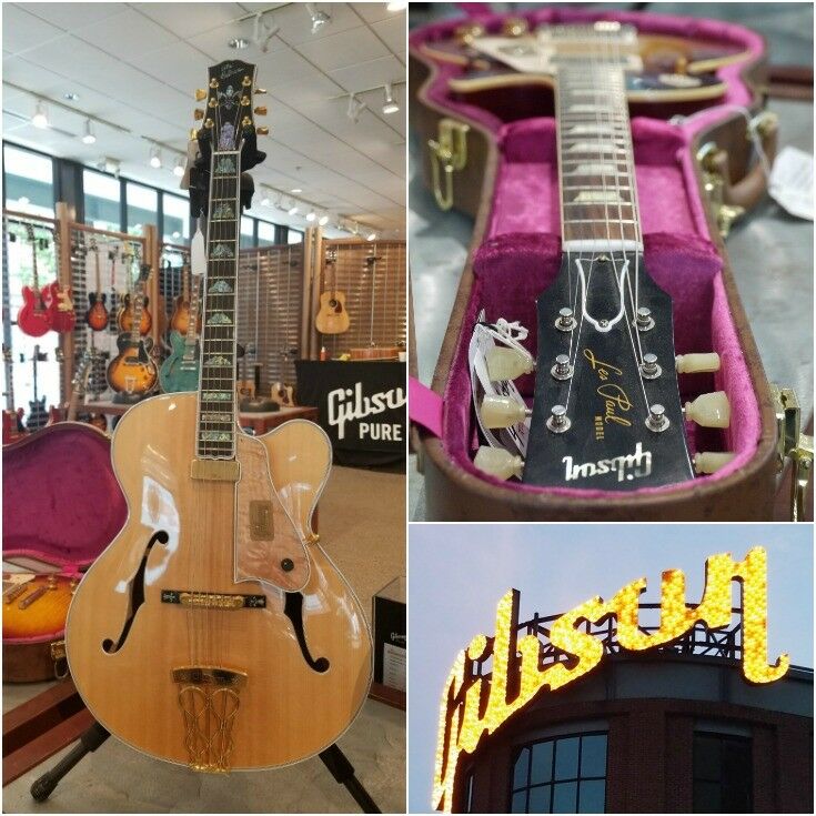 Gibson collage: Beautiful inlaid electric guitar, close-up top down of Les Paul head and neck, Gibson sign lighted at night. 