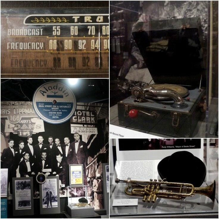 Rock & Soul Museum collage; old hand-crank record player, trumpet, Aladdin label recording artists. 