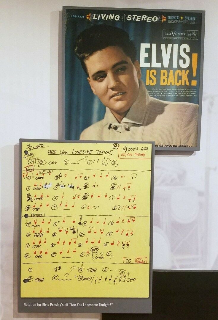 Elvis album cover and handwritten notation for Are You Lonesome Tonight. 
