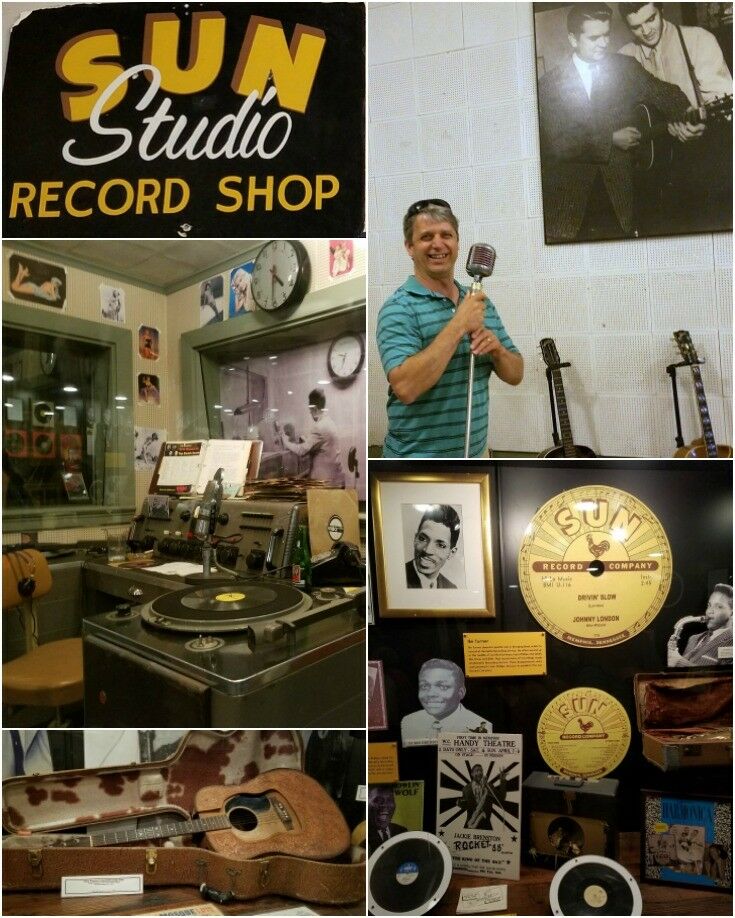 Collage: Sun Studio sign, Mr B signing into Elvis' microphone and smiling like a crazy man, interior of radio booth.