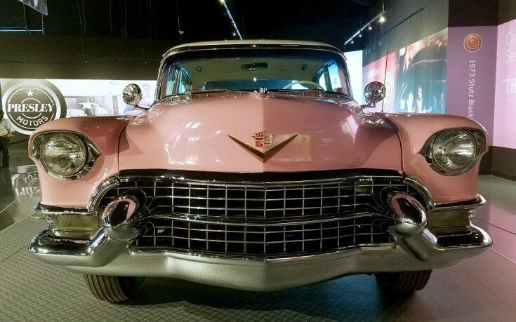 Front end of a pink Cadillac - Presley Motors Automobile Exhibit