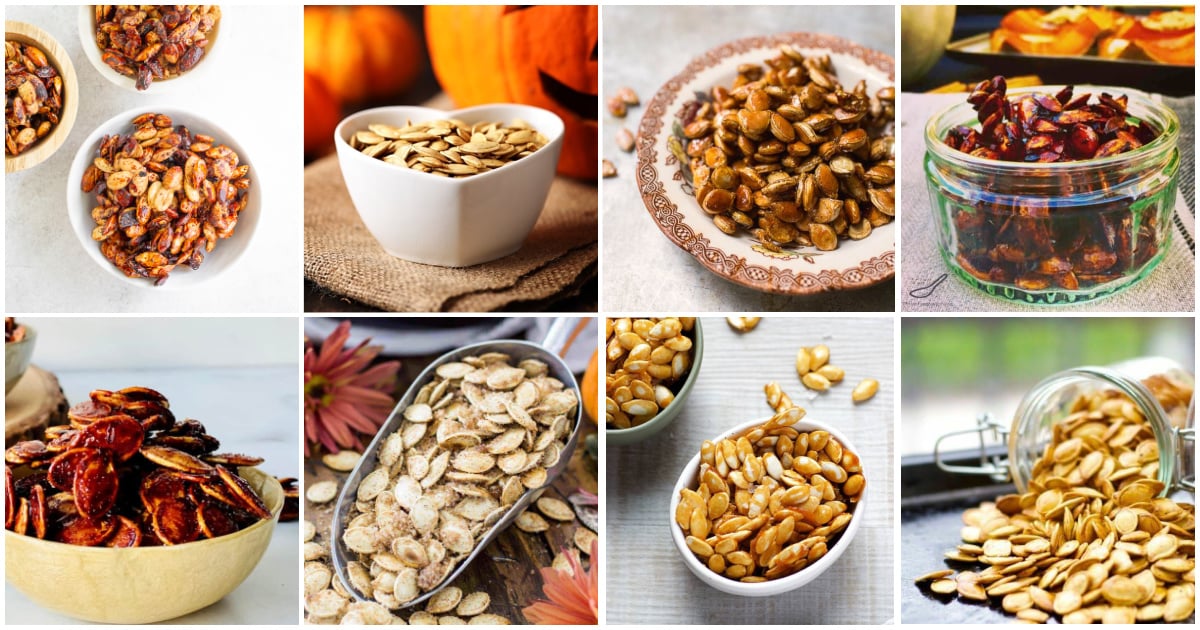 8-panel collage of different pumpkin seed recipes in this roundup.