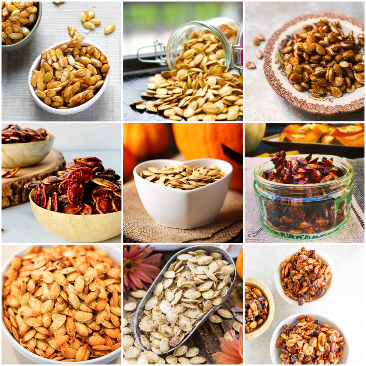 9-panel collage of different pumpkin seed recipes in this roundup.