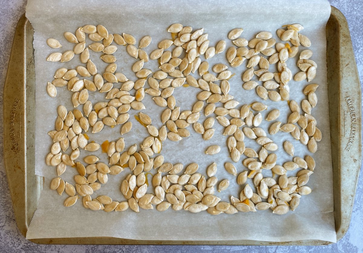 Pumpkin seeds drying on a tray. 