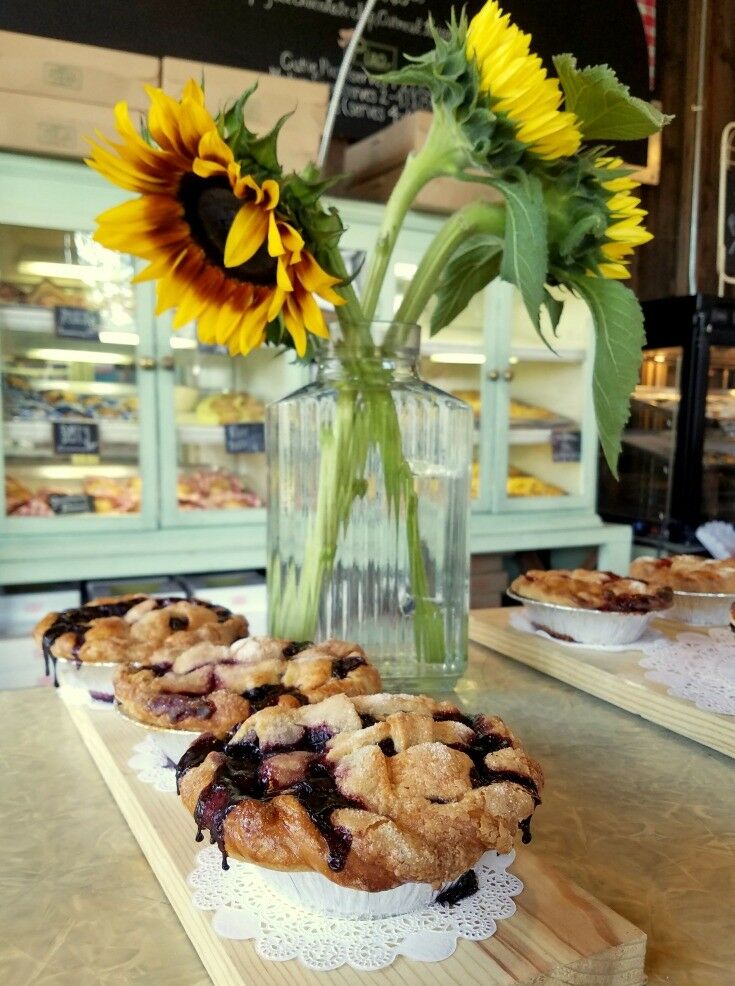 Pies on counter, with large sunflowers in a jar of water. 