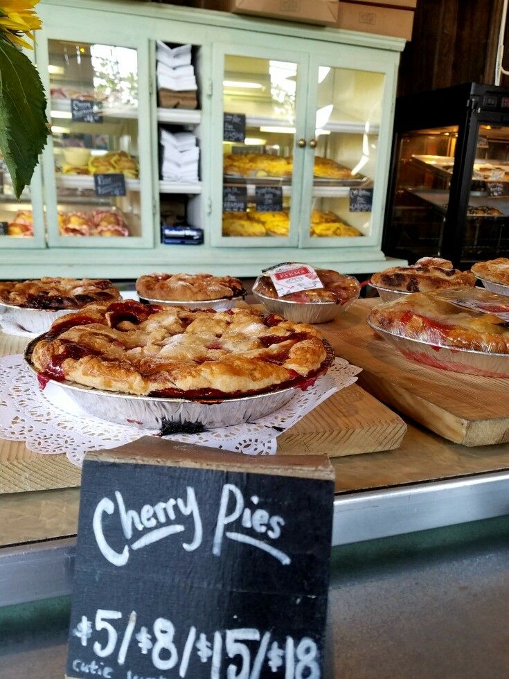 Cherry pies for sale in bakery. 