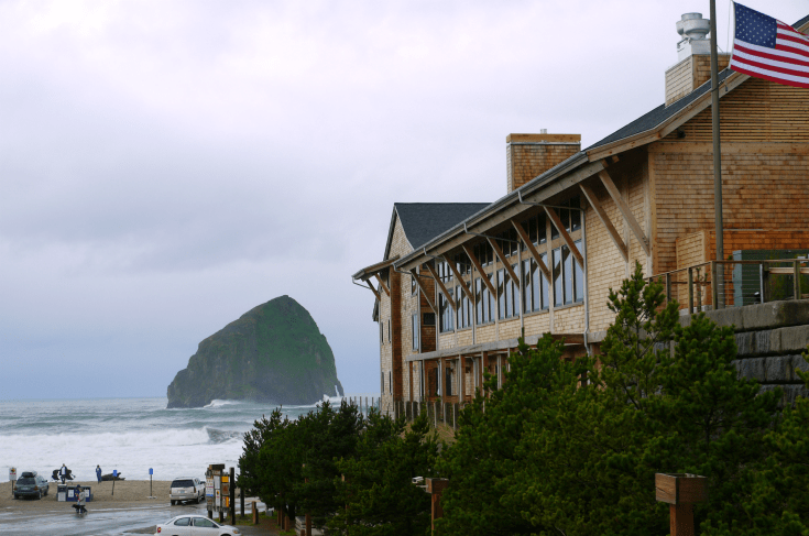 Looking out to ocean from southern side of Headlands Lodge, with Haystack Rock in background. 