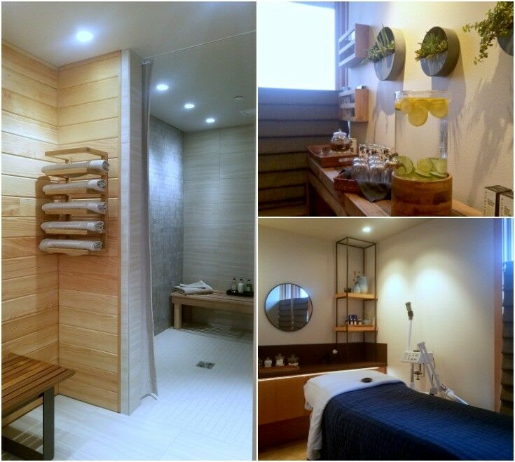 Collage: Interiors of Tidepools Spa, including tile and wood lined sauna, lemon water, and massage table. 