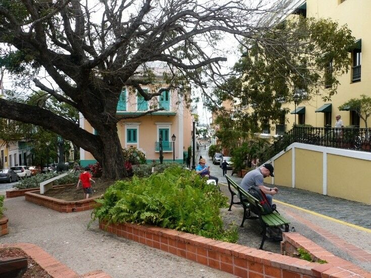 People sitting on benches in Plaza de Armas (Army Plaza), Old San Juan