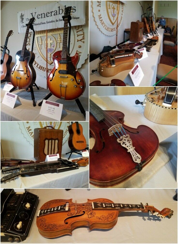 Collage of historical instruments: left-handed viola dating to 1859, a 1937 8-string, a hurdy-gurdy, double-necked steel guitar, and a couple of historic Gibsons from the 60's.