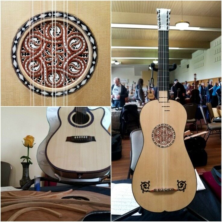 Collage of intricately carved sound holes by Portland luthier Eric Shull of Harmonia Lutherie