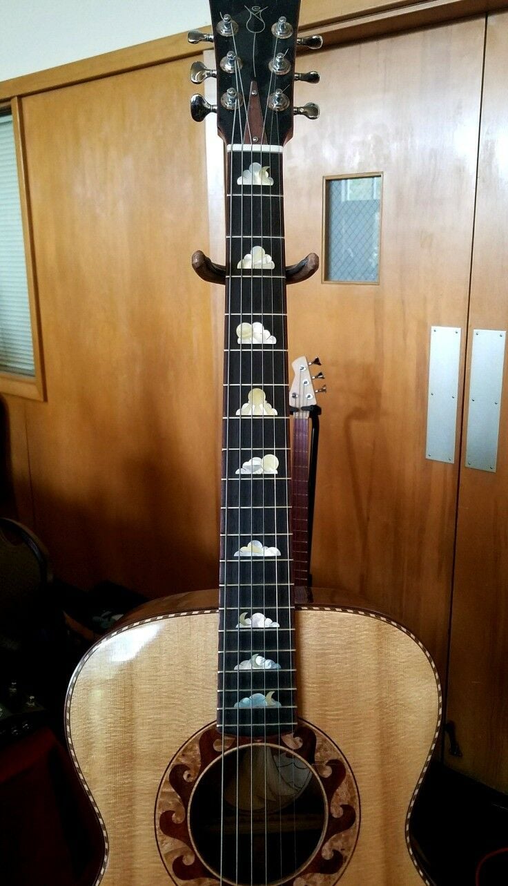 Neck and body of "sailing under the moon" guitar by Jay Dickinson 