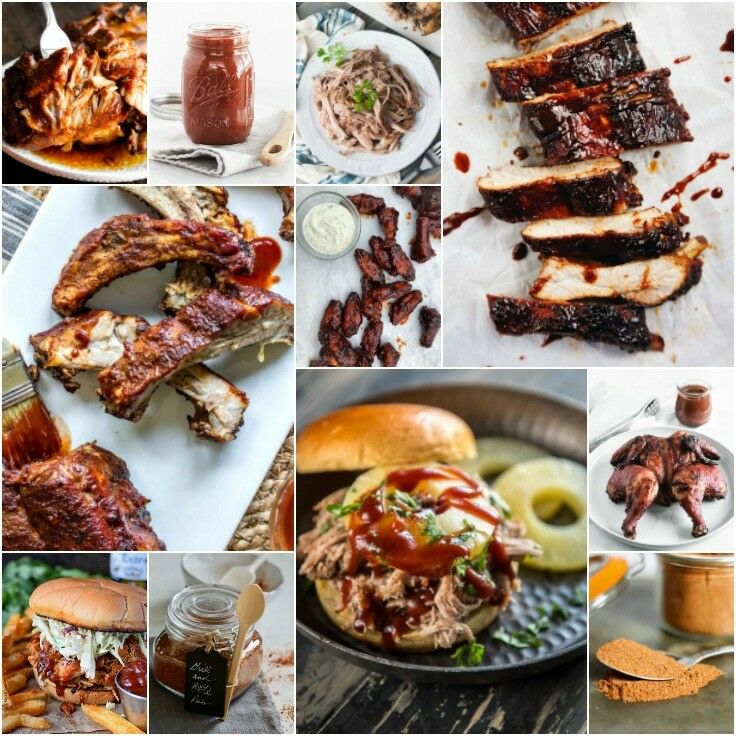 Collage of various BBQ recipes, including ribs, pork sandwiches, and spatchcocked chicken.
