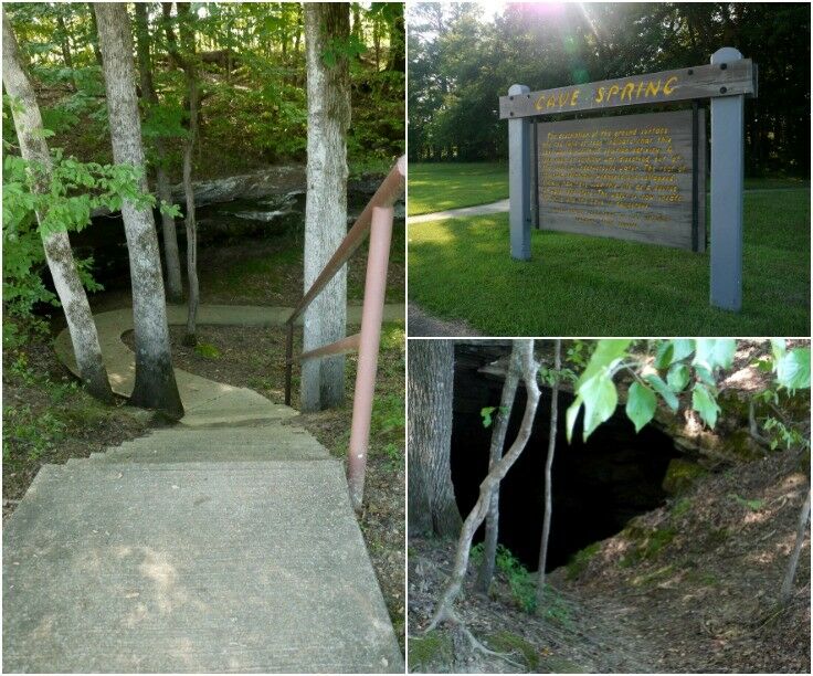 Cave Spring collage, stairs down to cave, park sign, cave entrance.
