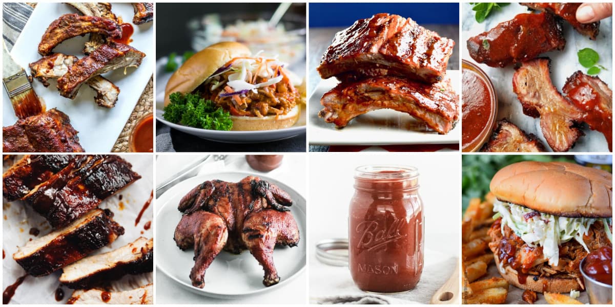 Collage of Southern BBQ Dishes, mostly meat.