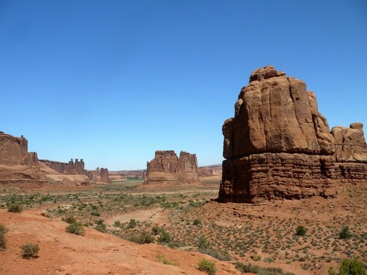 Many sandstone formations along the road in Arches National Park. 