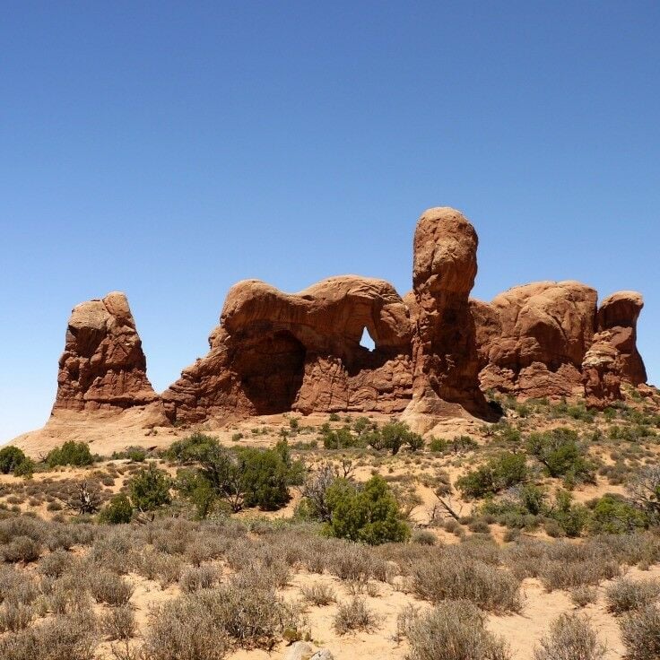 A sandstone pillar and various other formations. Scrub brush in foreground. 