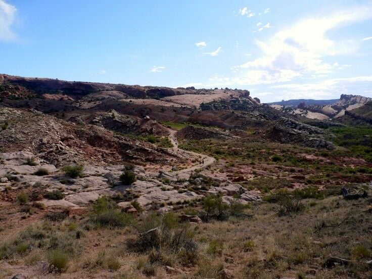 Trail winding upwards through scrub brush and sandstone. 