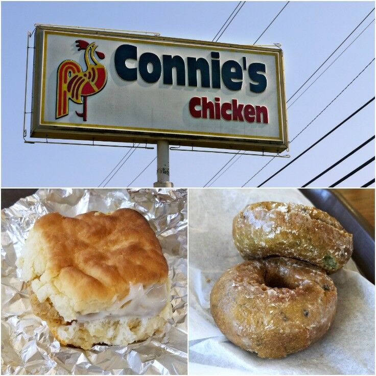 Collage of Connie's Fried Chicken - Tupelo, Mississippi: sign, donuts, biscuit & chicken.