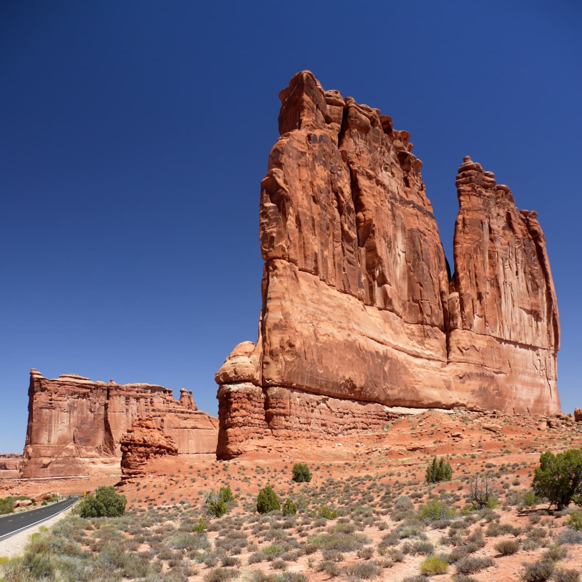 The Courthouse Tower, a tall, multi-pillared sandstone formation.